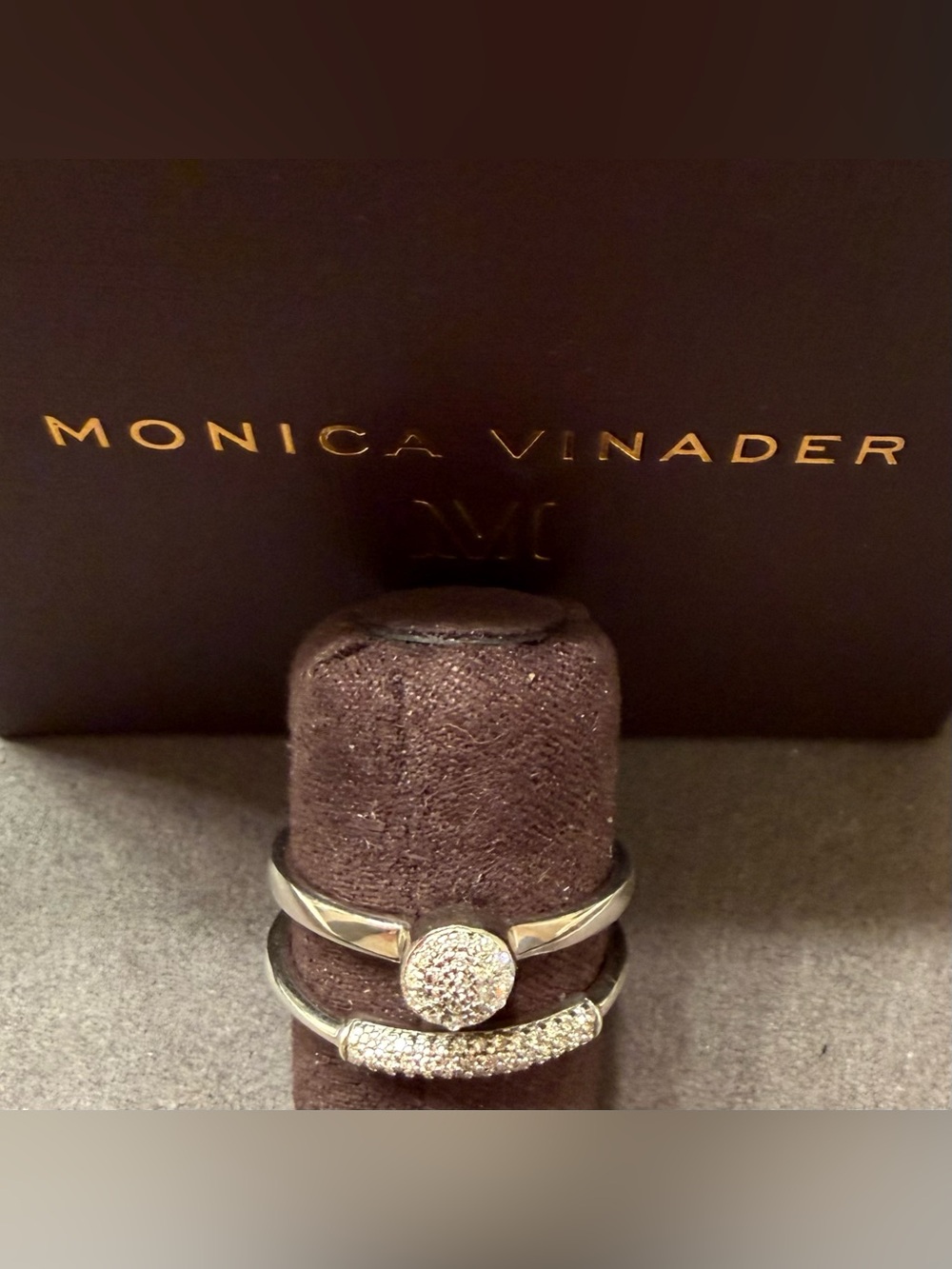 Fiji Mini Button Stacking Ring and The Monica Vinader
Stellar Diamond Band Ring